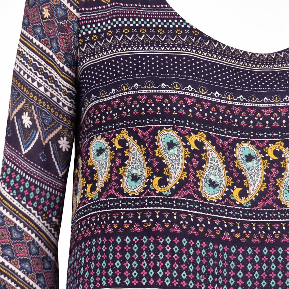 Dee Elle Navy Boho Print Dress | Bell Sleeve | Lace Hem Detail | Size S - Picture 4 of 7